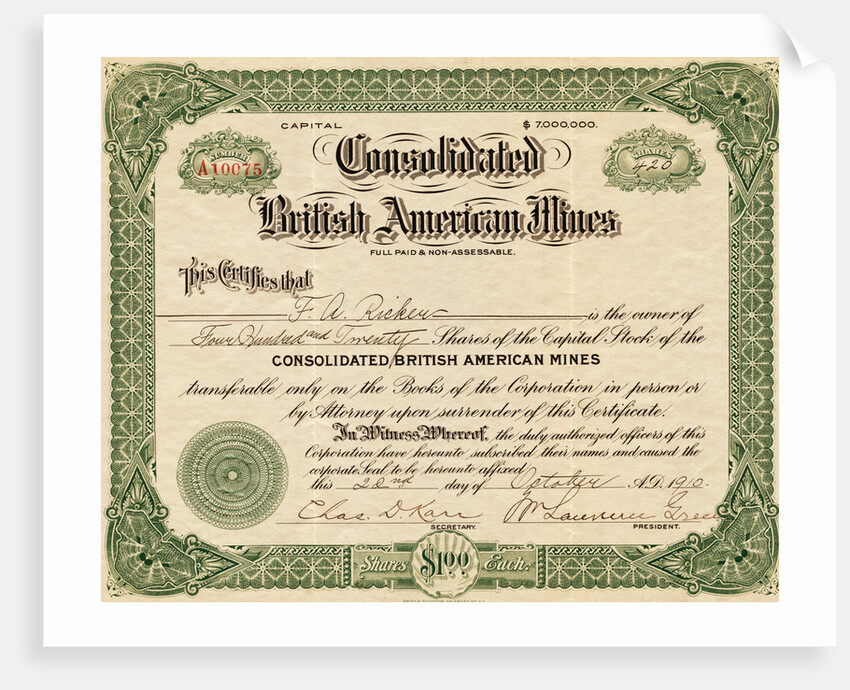 British American Mines Certificate by Anonymous