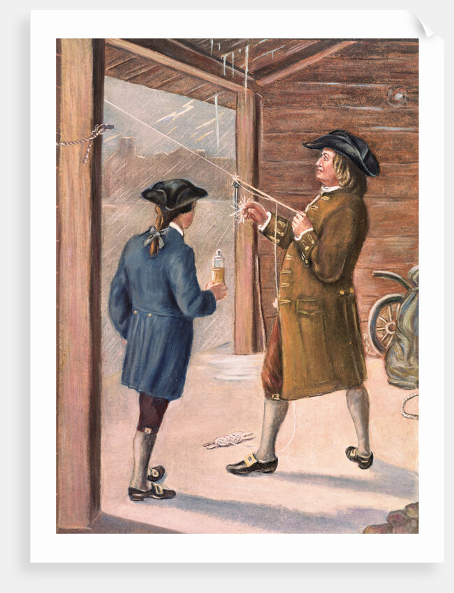 Illustration of Benjamin Franklin and Assistant Performing Lightning Experiment by Anonymous