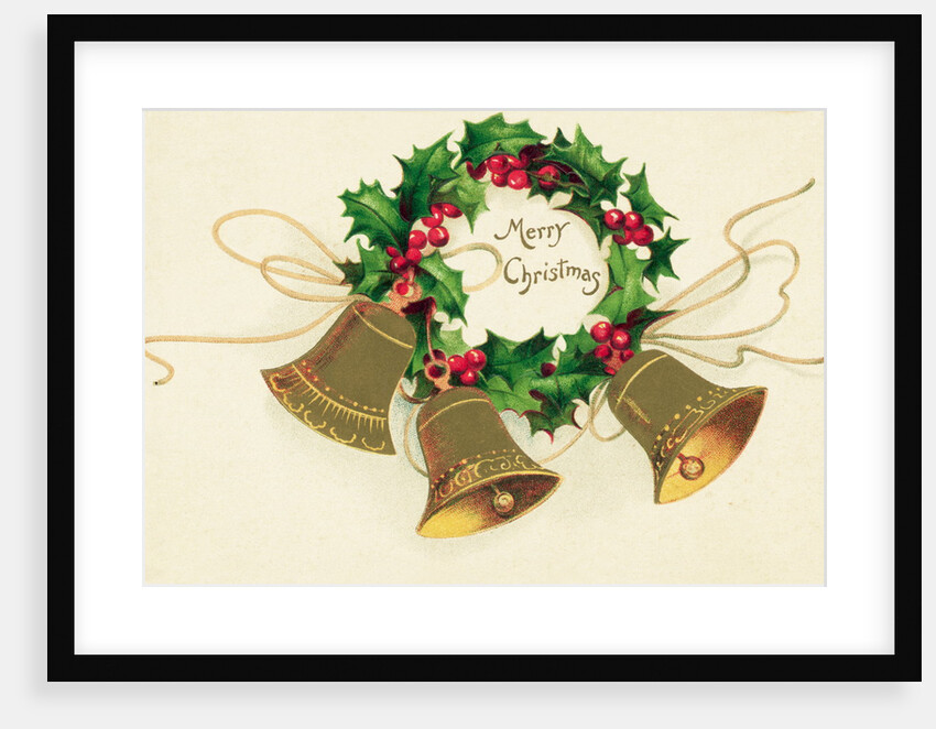 Christmas Card with Wreath of Holly and a Trio of Bells by Anonymous