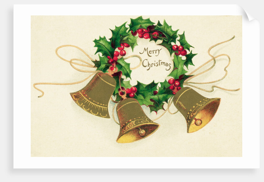 Christmas Card with Wreath of Holly and a Trio of Bells by Anonymous