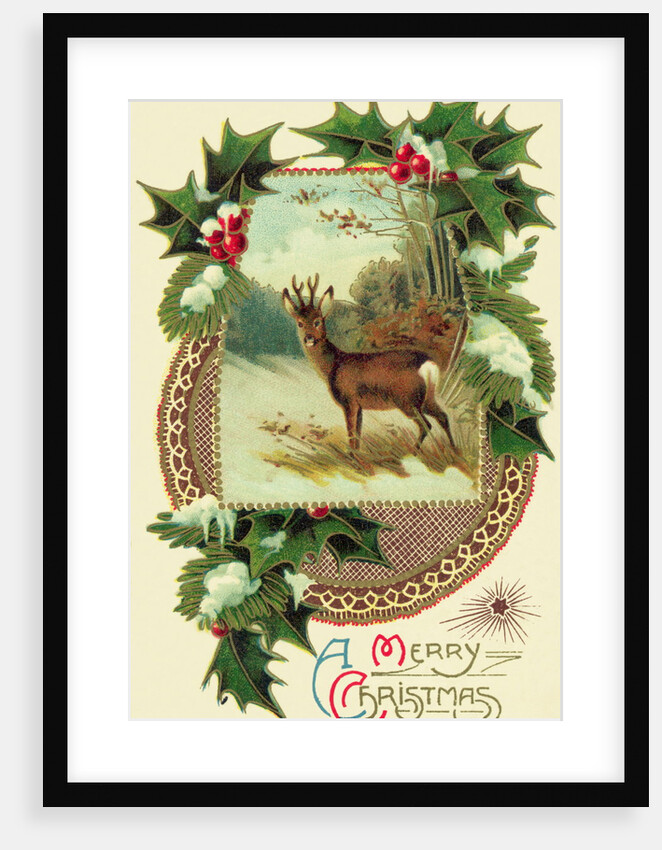 Christmas Card with Deer and Holly by Anonymous