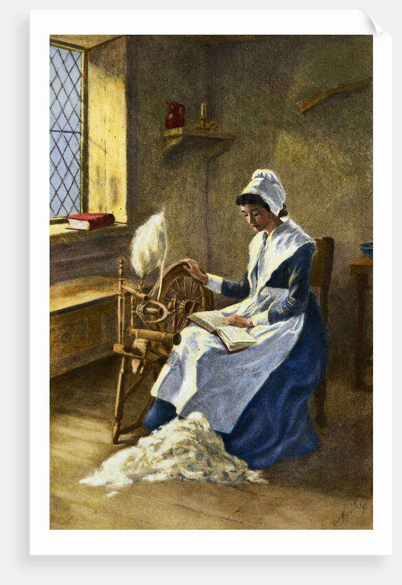 Woman Reading While Spinning at Wheel by Anonymous