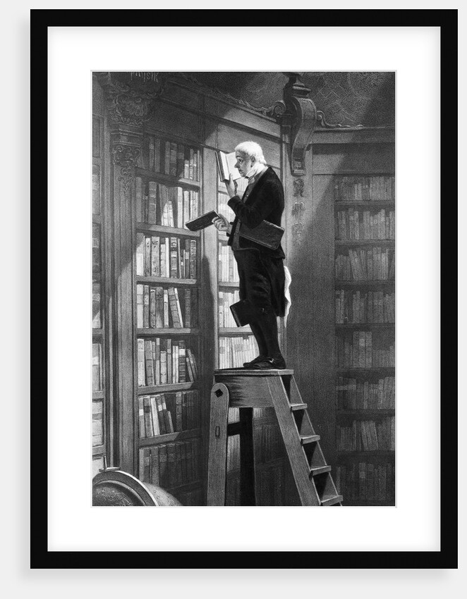 Man Reading on Ladder in Library by Anonymous