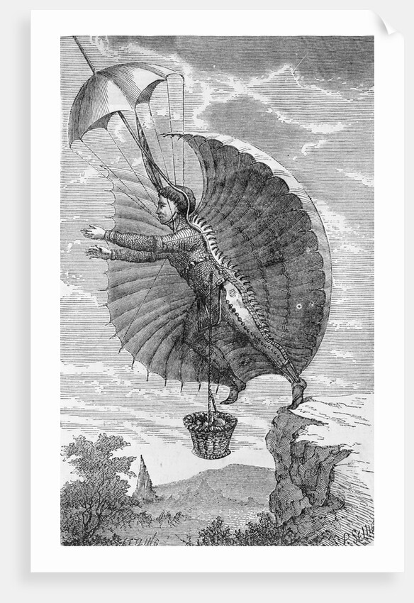 Man Attempting to Fly with Parachute by Anonymous