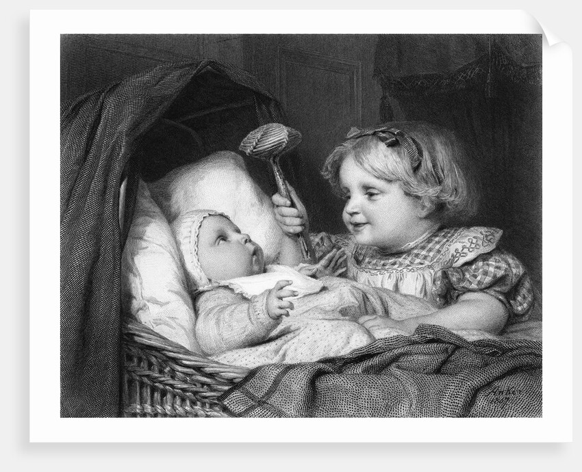 Girl Waving Rattle at Infant by Anonymous