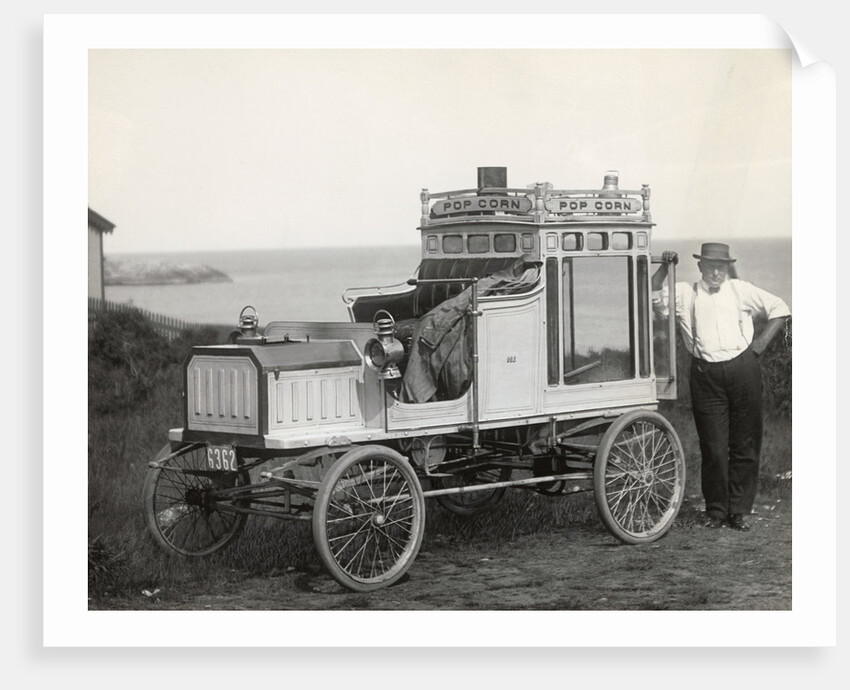 Portrait of Early Popcorn Vendor Next to His Automobile by Anonymous