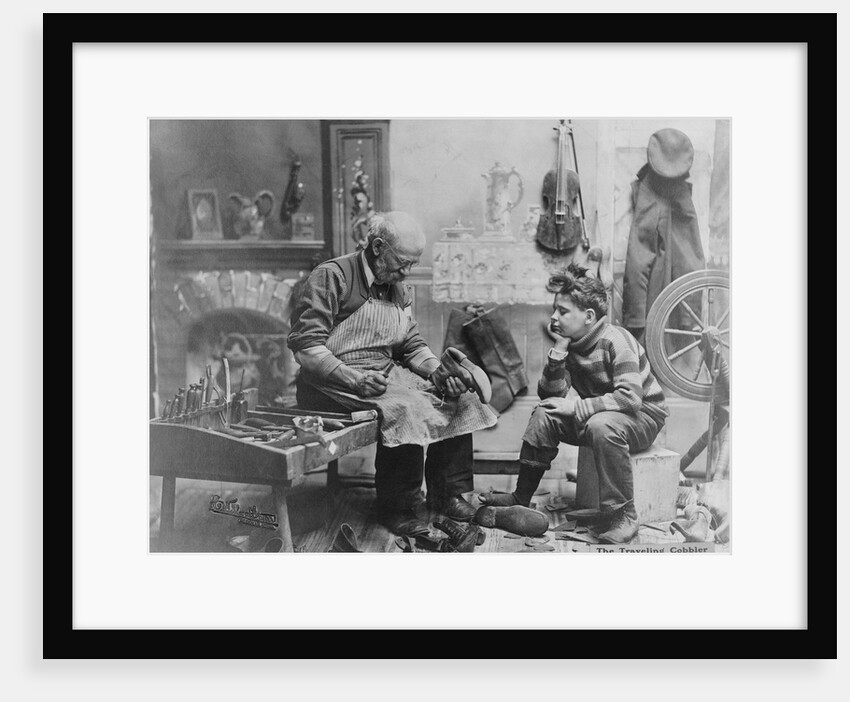 Shoemaker Preparing Shoes for Young Boy by Anonymous