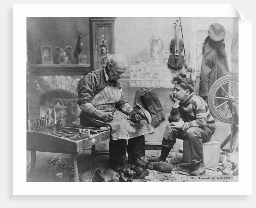 Shoemaker Preparing Shoes for Young Boy by Anonymous