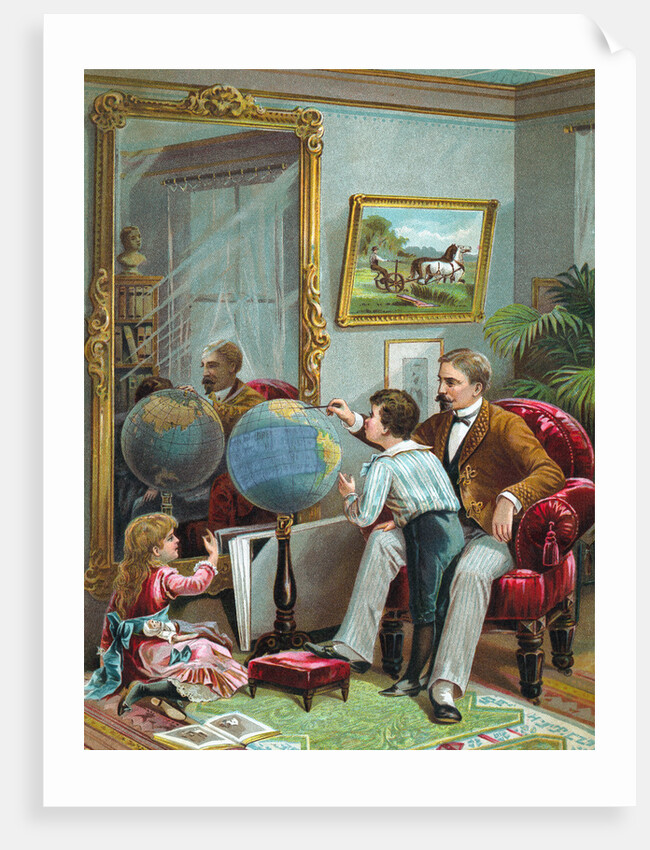 Lithograph of a Father Instructing His Children in Geography by Anonymous