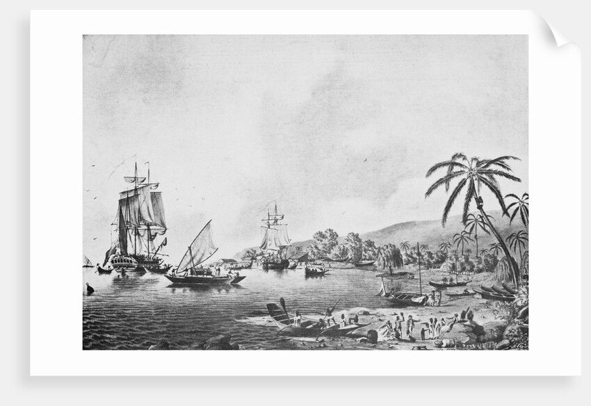 Illustration of Natives and Boats Along Shore in New Zealand by Anonymous