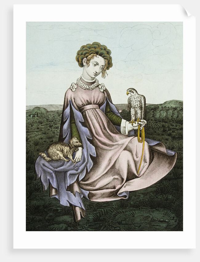 Engraving of Noblewoman With Falcon and Dog by Anonymous