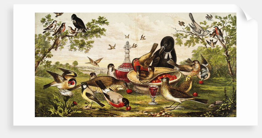 Color Print of Birds Feasting on a Fruit Pie by Anonymous