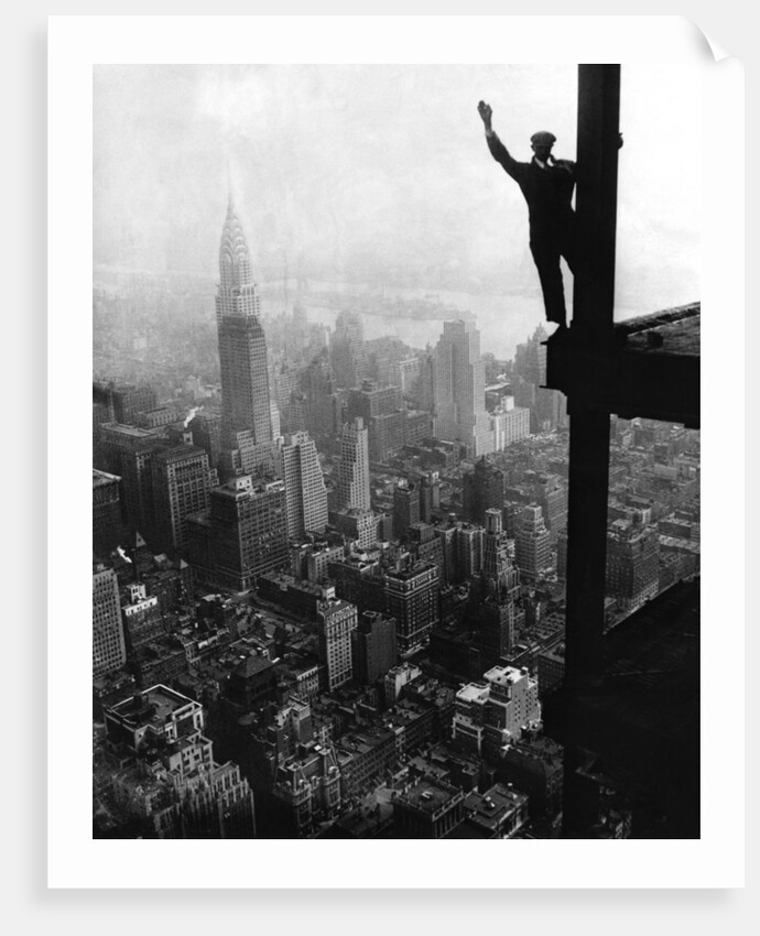 Man Waving from Empire State Building Construction Site by Anonymous