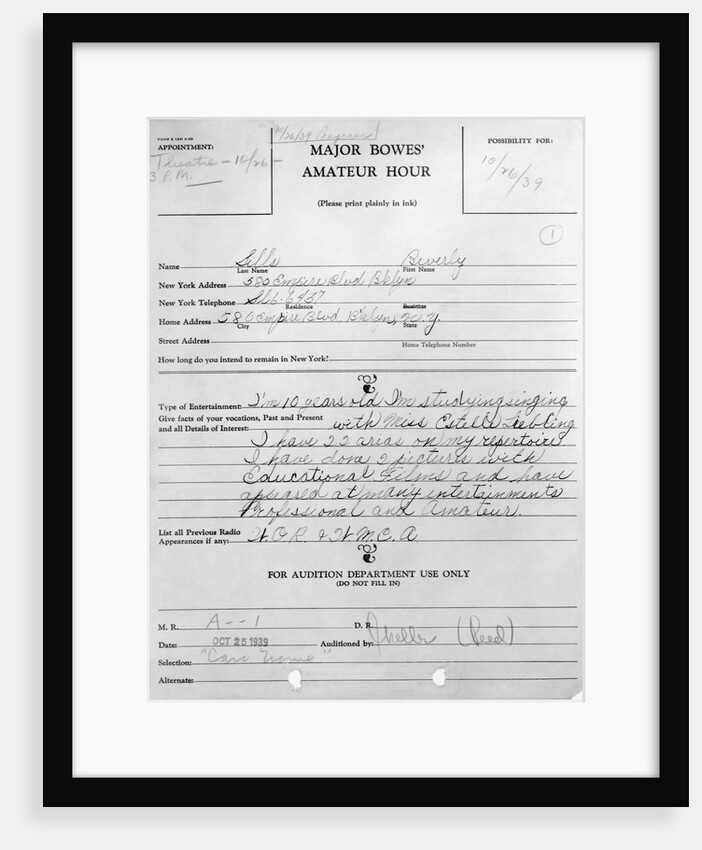 Application Form of Beverly Sills by Anonymous