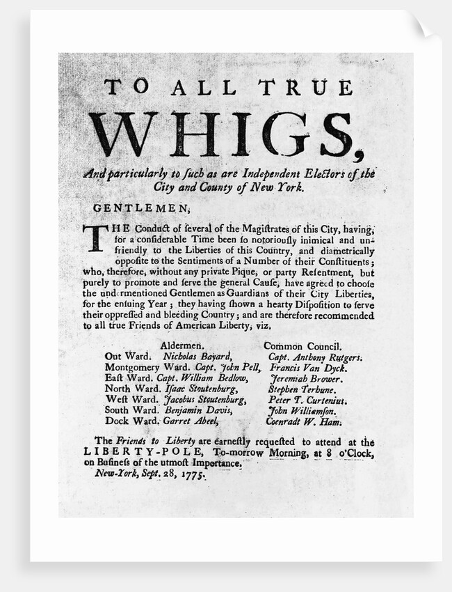 Revolutionary War Broadside Addressed to Whigs by Anonymous