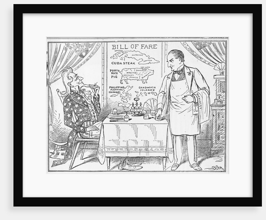 Well, I hardly know which to take first. (Uncle Sam being offered Imperial ist "Bill of Fare"by waiter "McKinley"; menu includes "Cuba Steak", Porto by Anonymous