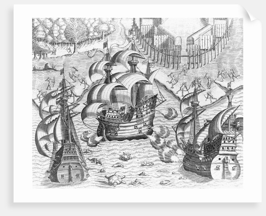 Johannes Staden Fights With French Ships and Indians in Brazil by Theodor de Bry From America by Anonymous