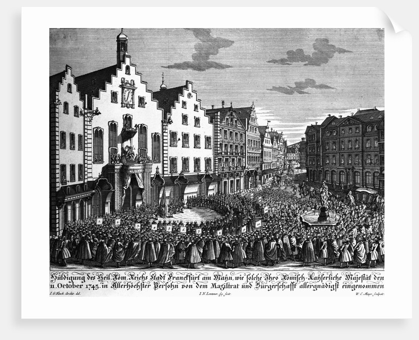 Paying Homage to Emperor Francis I in Romerberg Square Engraving by W.C. Mayr After a Drawing by Johann Georg Funck