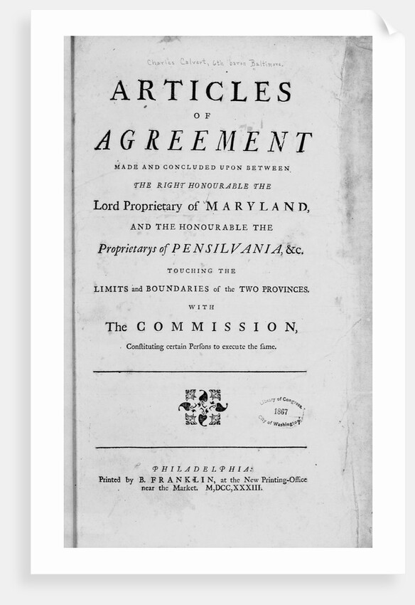 Title Page Woodcut by Benjamin Franklin of the "Articles of Agreement...Maryland and Pensilvania" by Anonymous