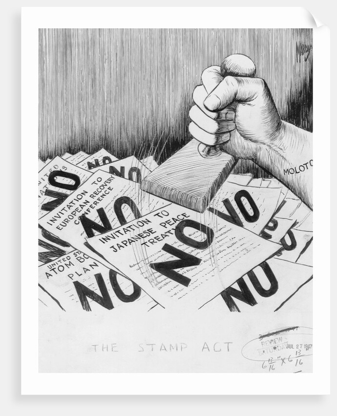 THE STAMP ACT. (ARM "MOLOTOV" STAMPING "NO" ON VARIOUS DOCUMENTS by Anonymous