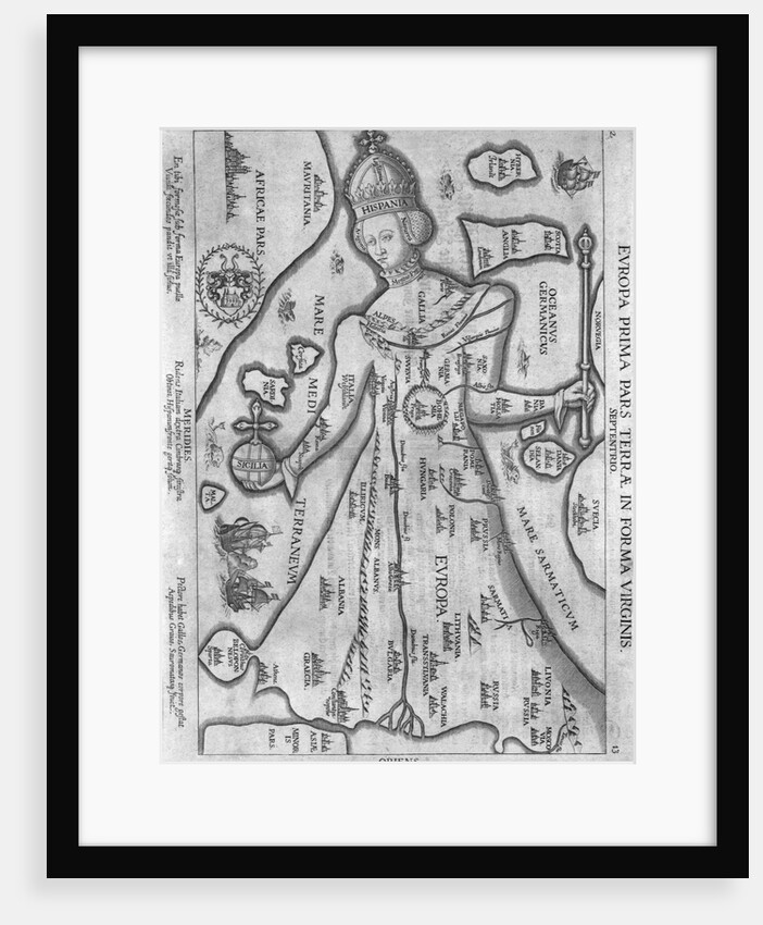 German Engraving Map of Europe in the Figure of Queen Elizabeth I by Anonymous