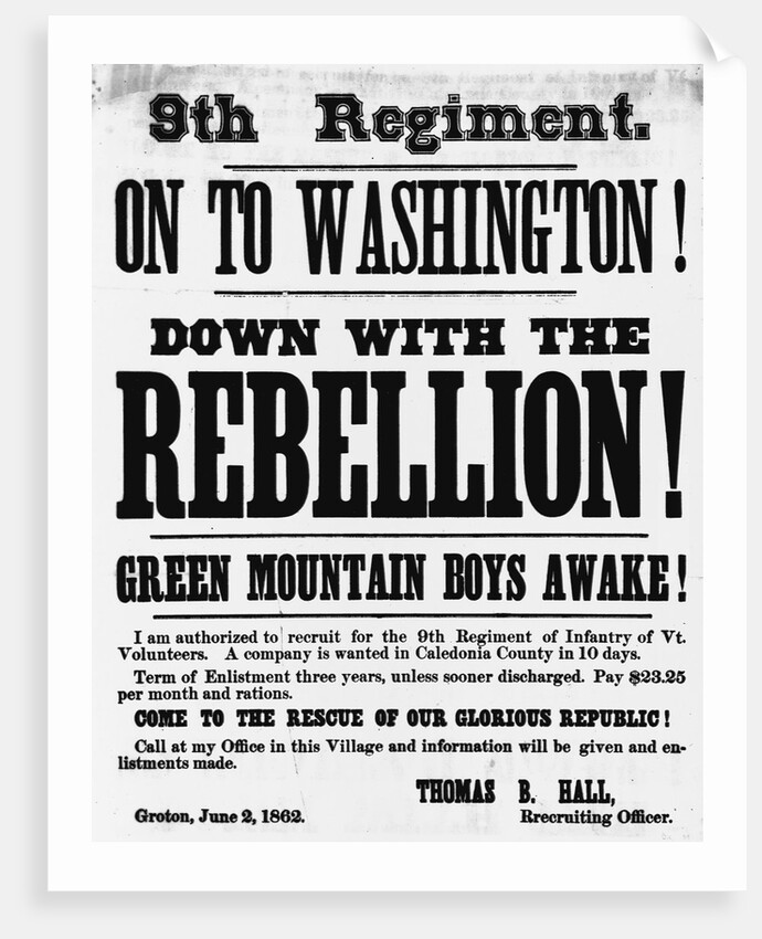 Civil War Poster Seeking Vermont 9th Infantry Recruits by Anonymous