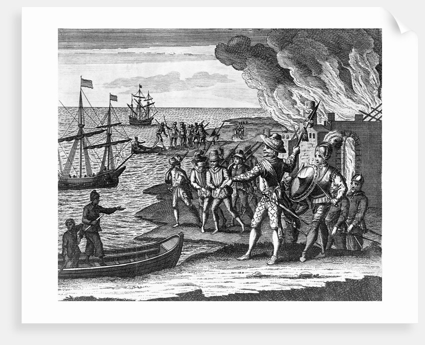 Engraving of Sir Walter Raleigh's Conquest of St. Joseph on Trinidad by Anonymous