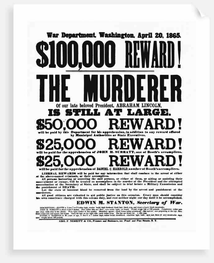 Lincoln Assassination Reward Poster by Anonymous