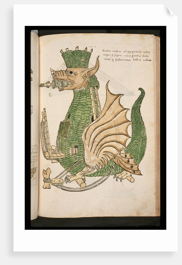 15th-Century Illustration of a Siege Machine in the Shape of a Dragon by Anonymous