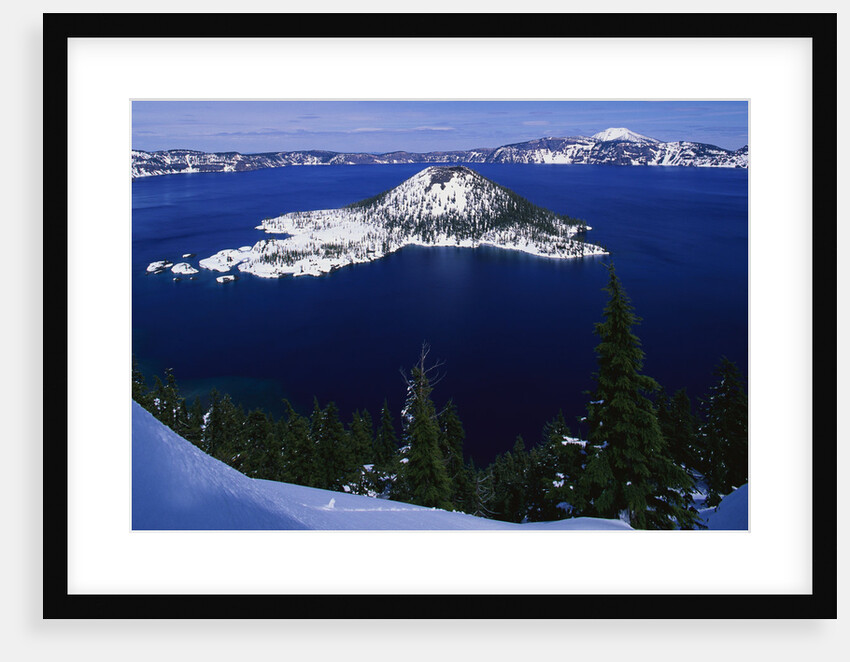 Snow Covered Wizard Island on Crater Lake by Anonymous