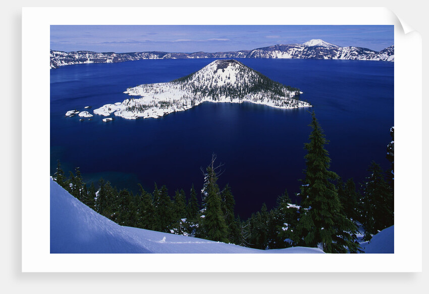 Snow Covered Wizard Island on Crater Lake by Anonymous