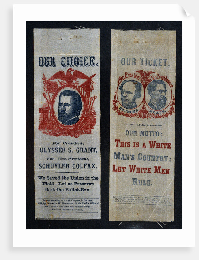 Patriotic and Racist Seymore-Blair 1868 Campaign Ribbons by Anonymous