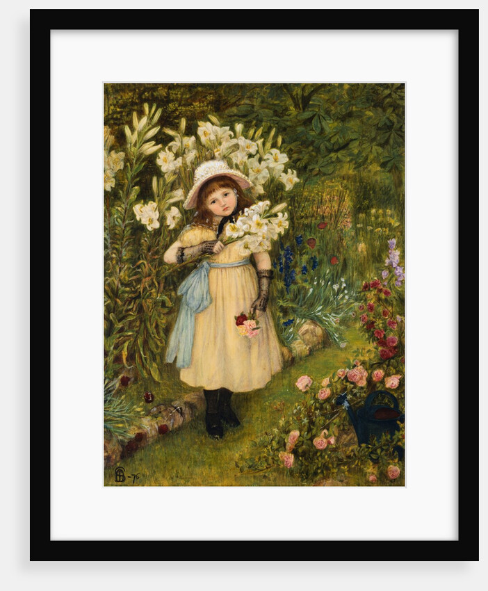 Portrait of Effie Holding a Lily and a Posy of Roses in a Garden by Marie Spartali Stillman