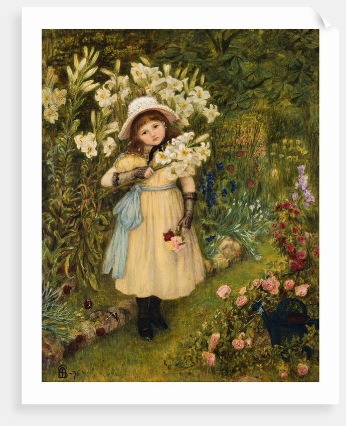 Portrait of Effie Holding a Lily and a Posy of Roses in a Garden by Marie Spartali Stillman