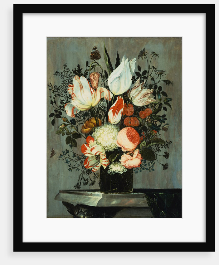 Tulips, Roses, Turk Caps, and Other Flowers in a Glass on a Table by Helen Roouers