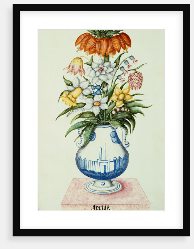 17th Century German Watercolor entitled The Months: Flowers in a Pottery Vase: April: A Crown Imperial, Narcissi, Fritillaries and Lilies of the Valley by Anonymous