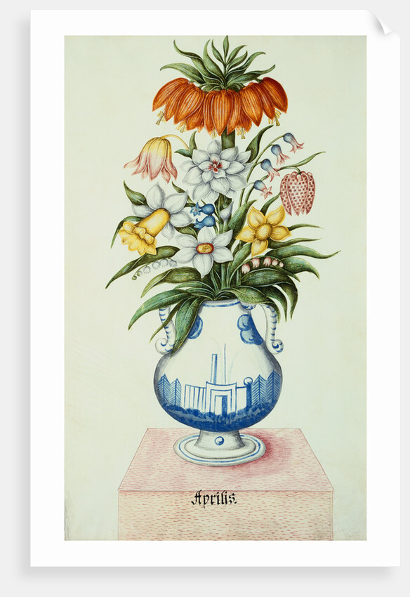 17th Century German Watercolor entitled The Months: Flowers in a Pottery Vase: April: A Crown Imperial, Narcissi, Fritillaries and Lilies of the Valley by Anonymous