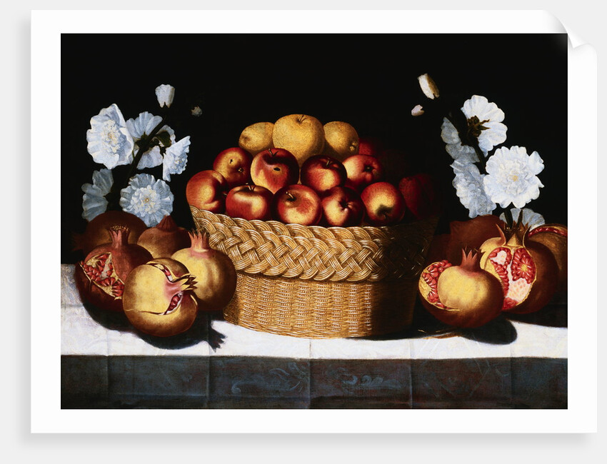 Apples In a Wicker Basket, Pommegrannates and Hollyhocks on a Draped Ledge by Blas de Ledesma