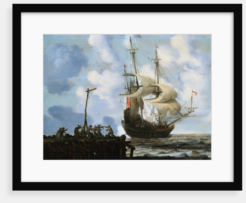 Peasants Skirmishing on a Jetty with a Man-Of-War Firing a Salute Offshore by Cornelis Pietersz de Mooy