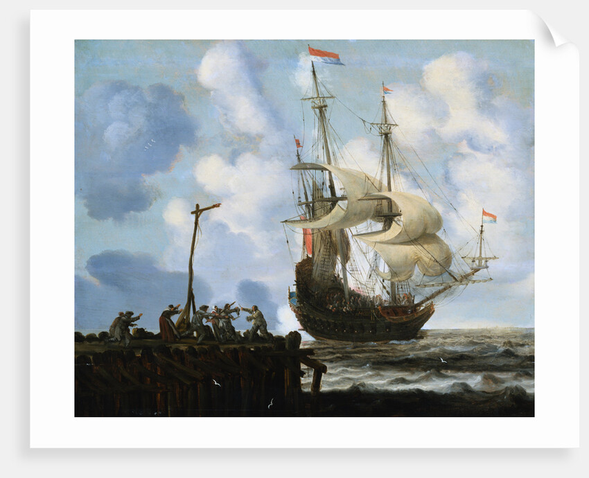 Peasants Skirmishing on a Jetty with a Man-Of-War Firing a Salute Offshore by Cornelis Pietersz de Mooy