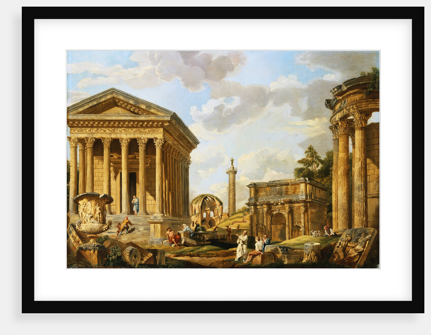 Capricci of Classical Ruins with the Arch of Septimus Severus, Trajan's Column and the Maison Carree, with Philosophers Discoursing and Figures Strolling by School of Giovanni Paolo Panini