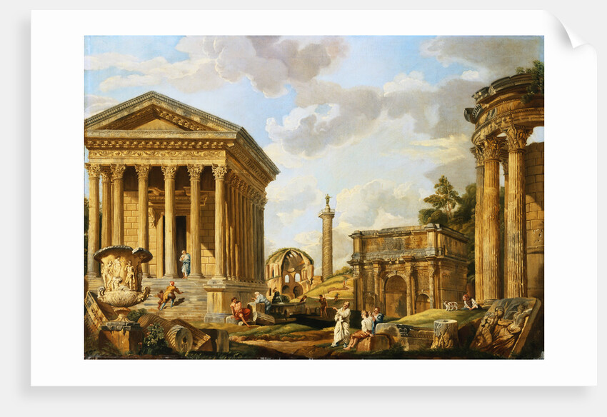 Capricci of Classical Ruins with the Arch of Septimus Severus, Trajan's Column and the Maison Carree, with Philosophers Discoursing and Figures Strolling by School of Giovanni Paolo Panini