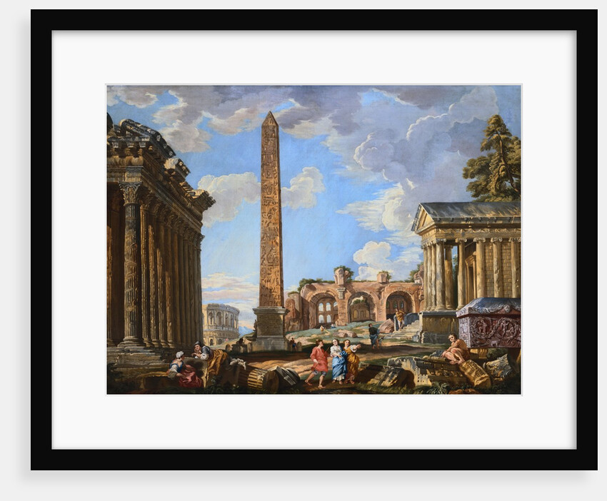 Capricci of Classical Ruins with the Colosseum and the Maison Carree, with Philosophers Discoursing and Figures Strolling by School of Giovanni Paolo Panini