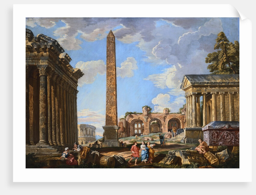 Capricci of Classical Ruins with the Colosseum and the Maison Carree, with Philosophers Discoursing and Figures Strolling by School of Giovanni Paolo Panini