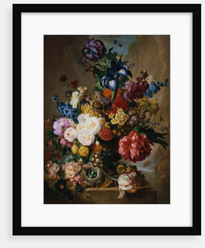 Poppies, Peonies and Other Assorted Flowers in a Terracotta Vase on a Stone Plinth with a Bird's Nest and a Butterfly by Jan van Os