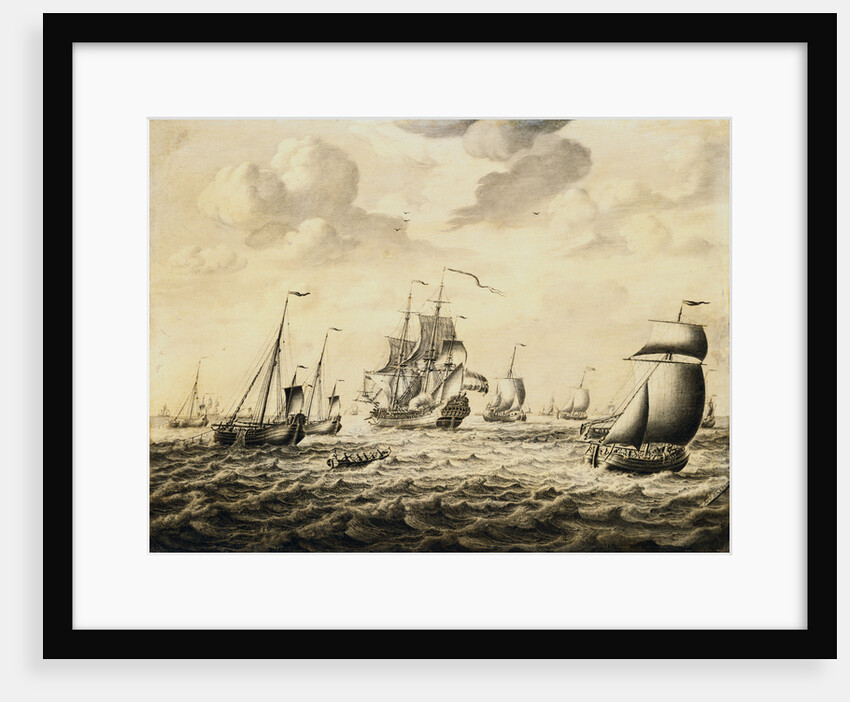 A Dutch Man-of-War Firing a Salute, with a Flotilla of Fishing Boats and Other Shipping Beyond - a Penschilderij by Abraham van Salm