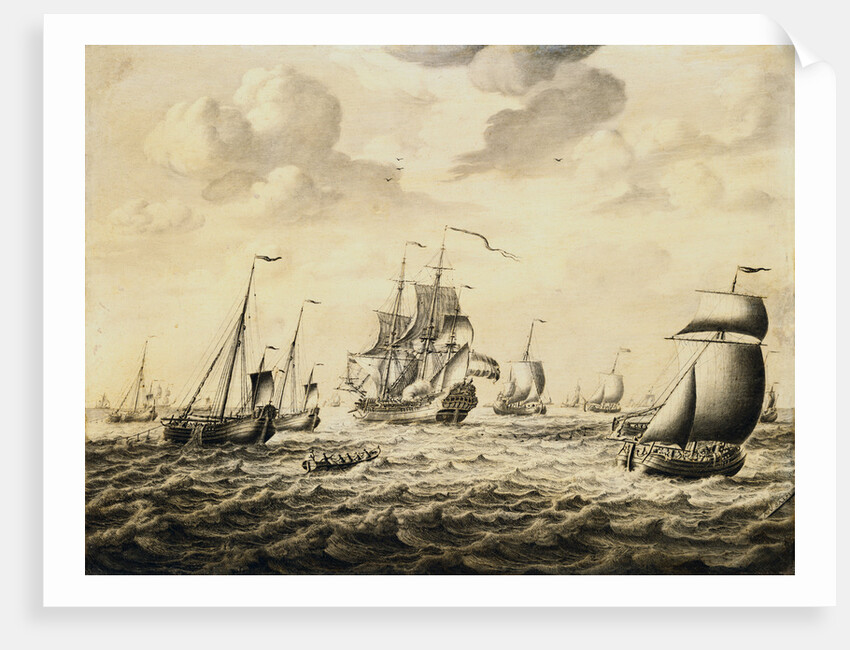 A Dutch Man-of-War Firing a Salute, with a Flotilla of Fishing Boats and Other Shipping Beyond - a Penschilderij by Abraham van Salm