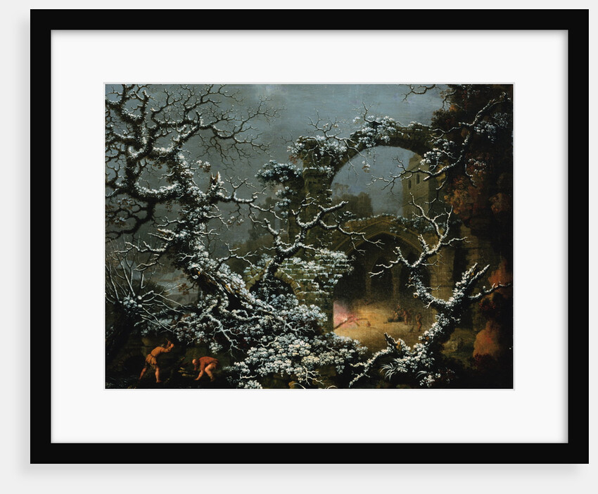A Snowy Winter Landscape with Woodcutters and Figures Before a Bonfire in a Gothic Ruin by Jules Cesar Denis van Loo