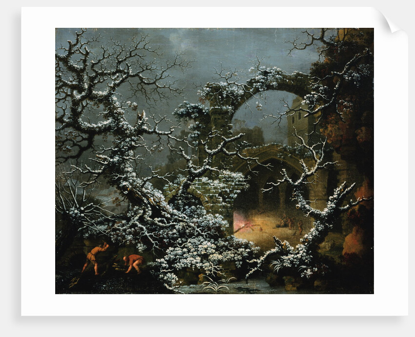 A Snowy Winter Landscape with Woodcutters and Figures Before a Bonfire in a Gothic Ruin by Jules Cesar Denis van Loo