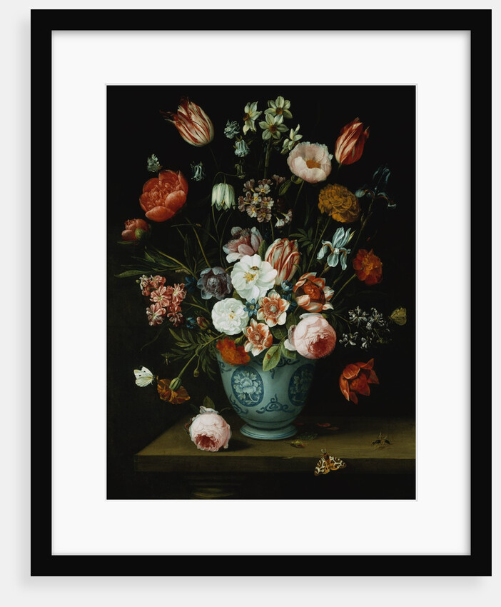 Flowers in a Chinese Transitional Blue and White Jardiniere, with Moths and Other Insects on a Ledge by Jan van Kessel